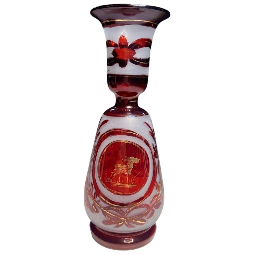 Ruby Red Bohemian Glass Vase Gold Deer and Bird Design Bud Vase Decor Handblown